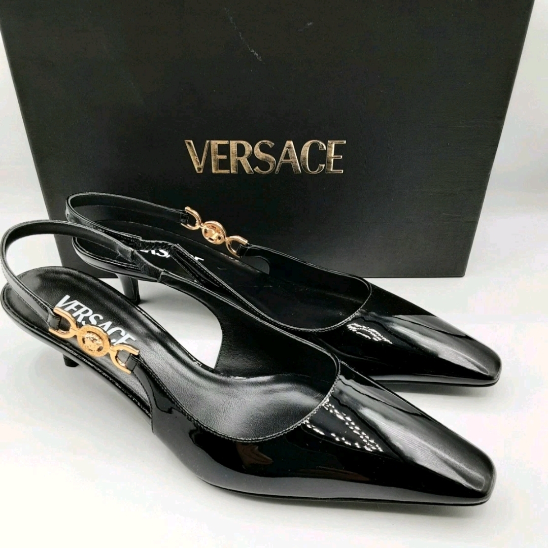 Versace Medusa '95 Slingback Kitten Heel Pumps Black Eu 38.5 Us 8.5 $850 Nwt Box